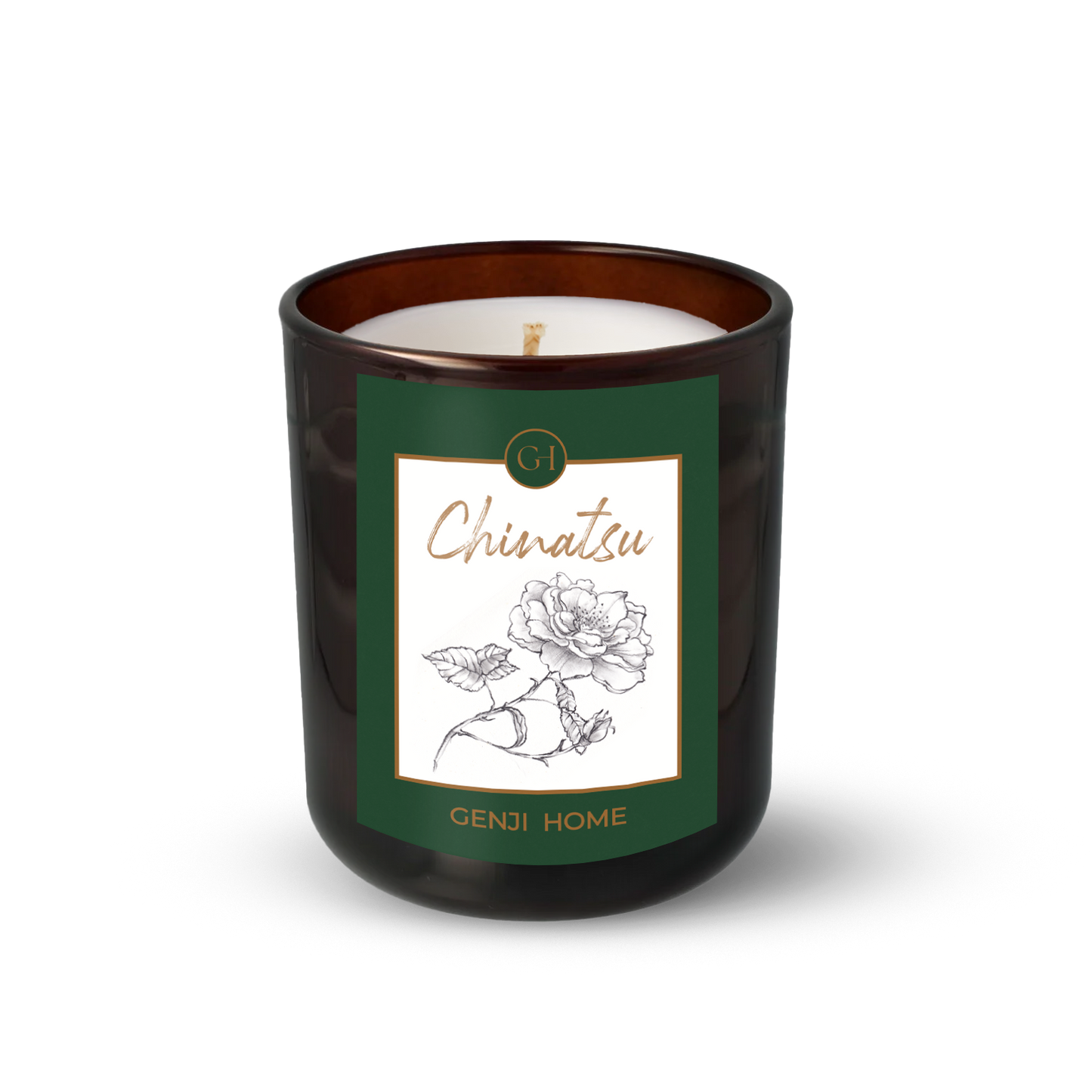 Chinatsu Olive Wax Candle by Genji Home in a amber glass container with a green label featuring 'Genji Home' branding.
