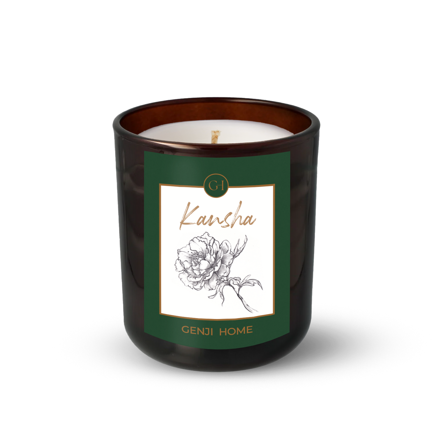 Kansha Olive Wax Candle by Genji Home in a amber glass container with a green label featuring 'Genji Home' branding.