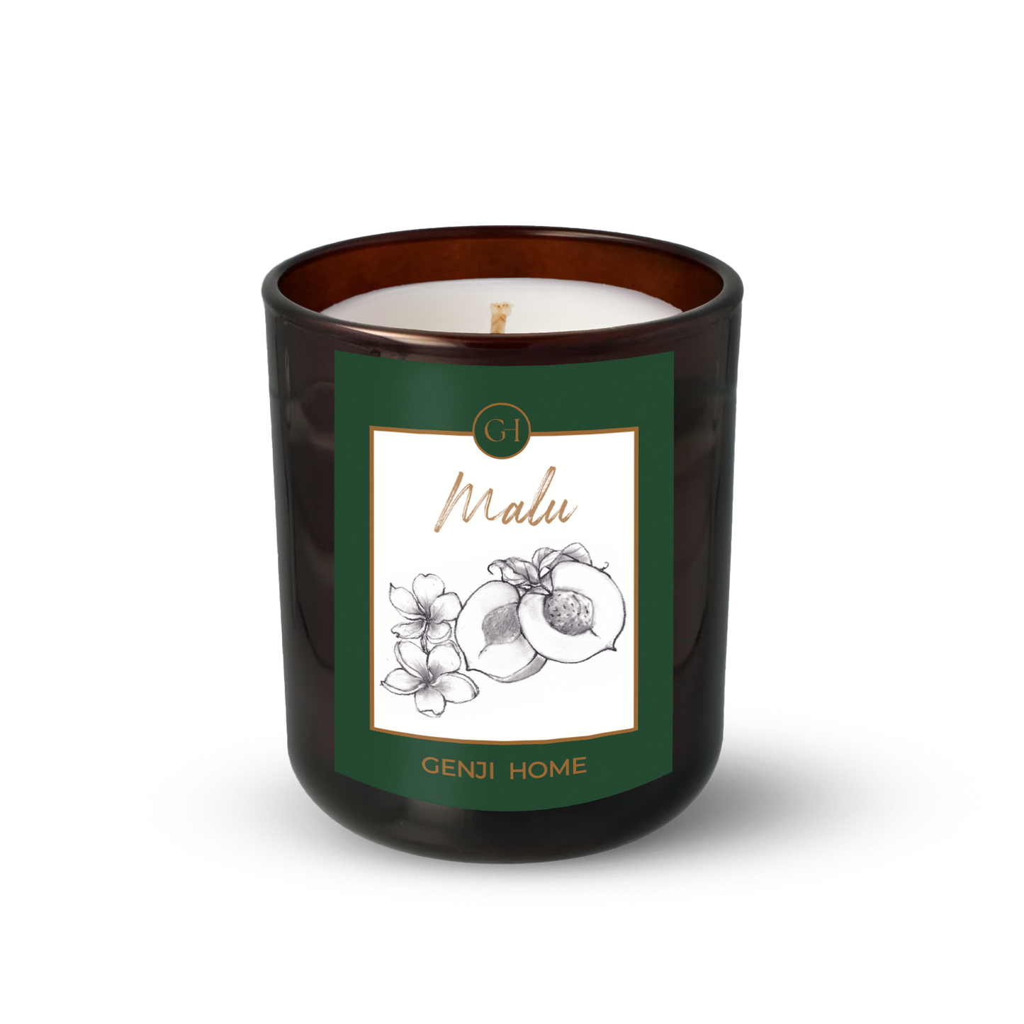 Malu Olive Wax Candle by Genji Home in a amber glass container with a green label featuring 'Genji Home' branding.
