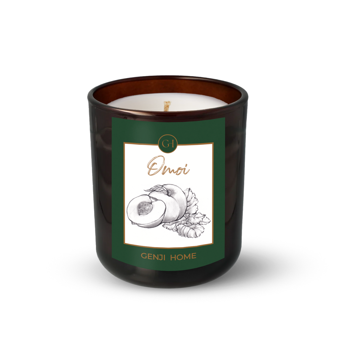 Omoi Olive Wax Candle by Genji Home in a amber glass container with a green label featuring 'Genji Home' branding.