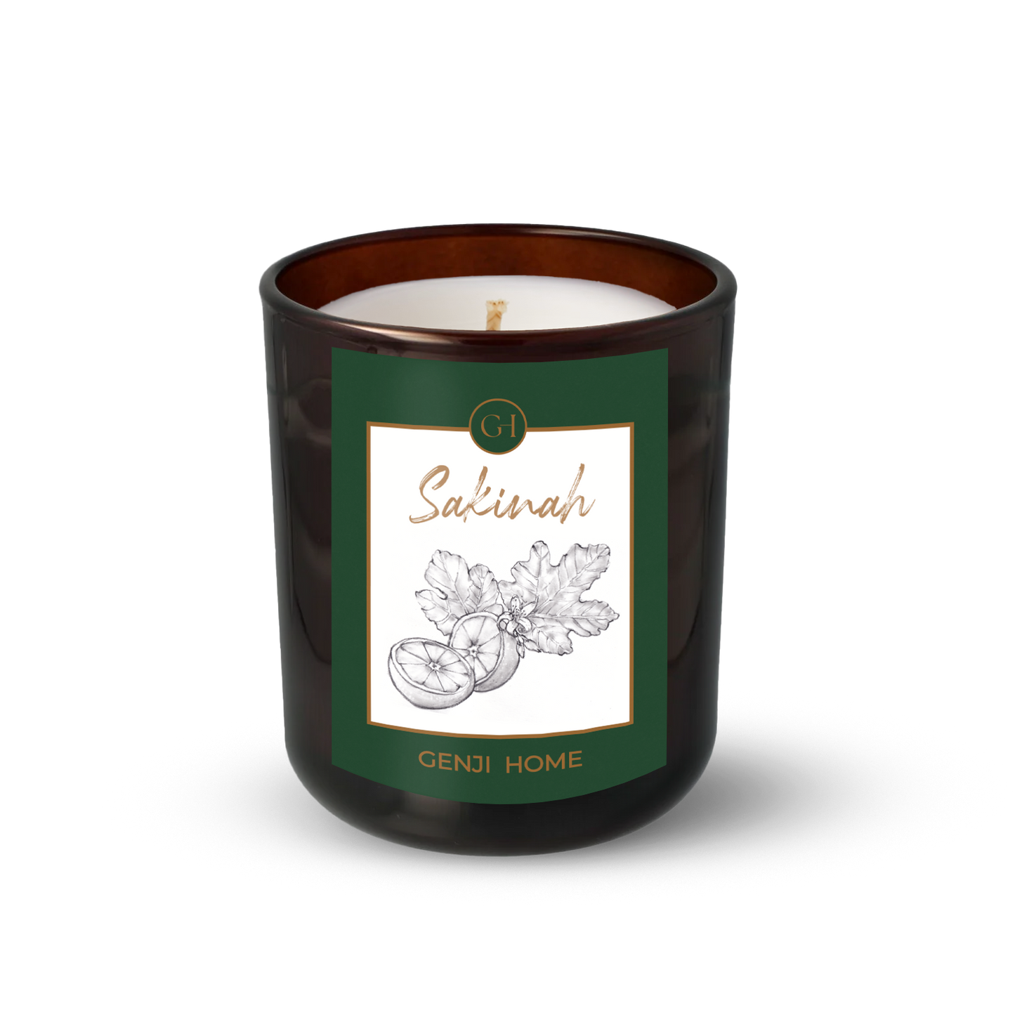 Sakinah Olive Wax Candle by Genji Home in a amber glass container with a green label featuring 'Genji Home' branding.