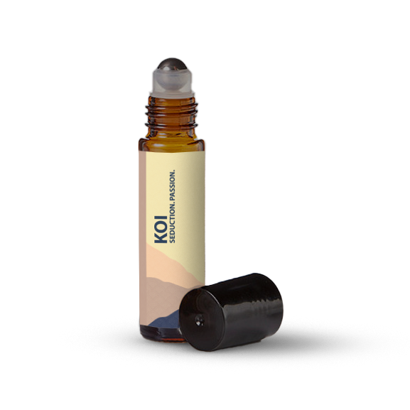 Koi essential oil roller bottle on a transparent background.