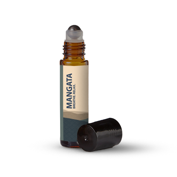 Mangata essential oil roller bottle on a transparent background.