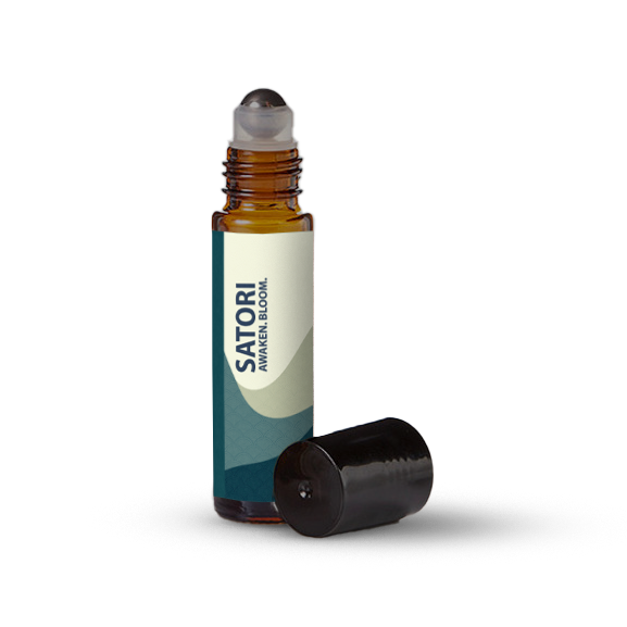 Satori essential oil roller bottle on a transparent background.