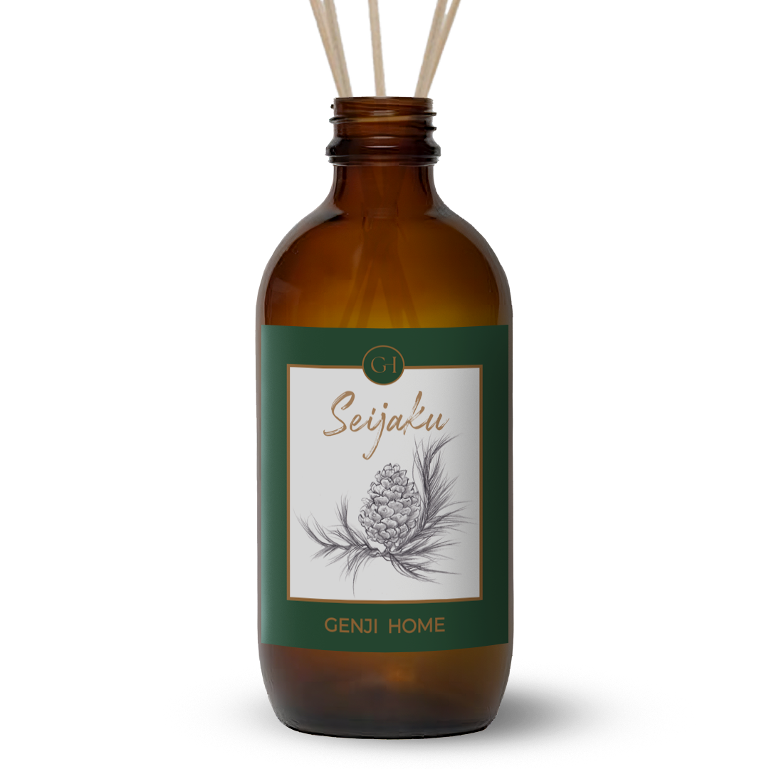 Brown diffuser bottle with green label featuring a pine cone illustration and 'Genji Home' branding on a transparent background.