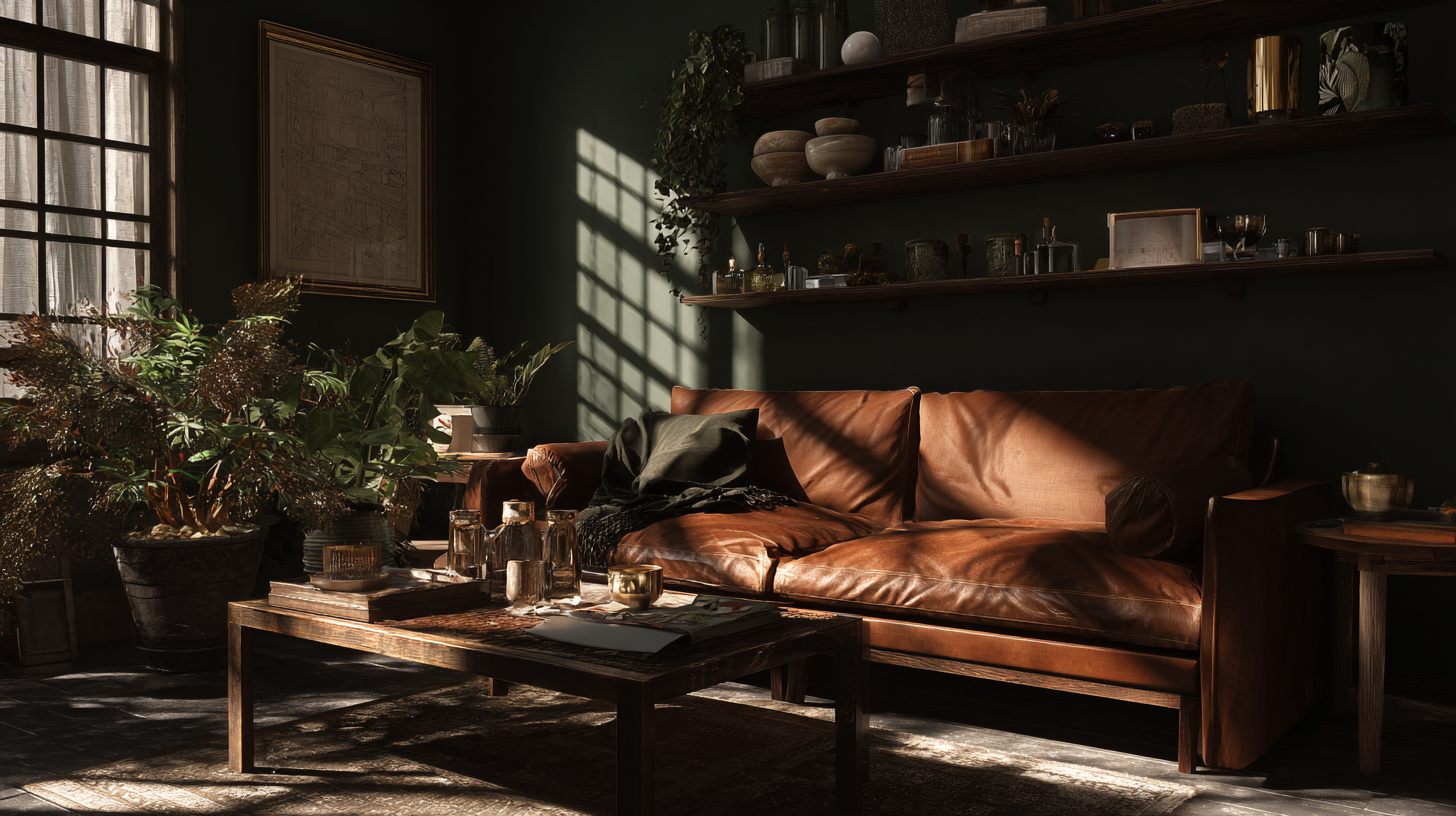 A Japanese-inspired cozy living room with a brown leather sofa, wooden coffee table, and plants.