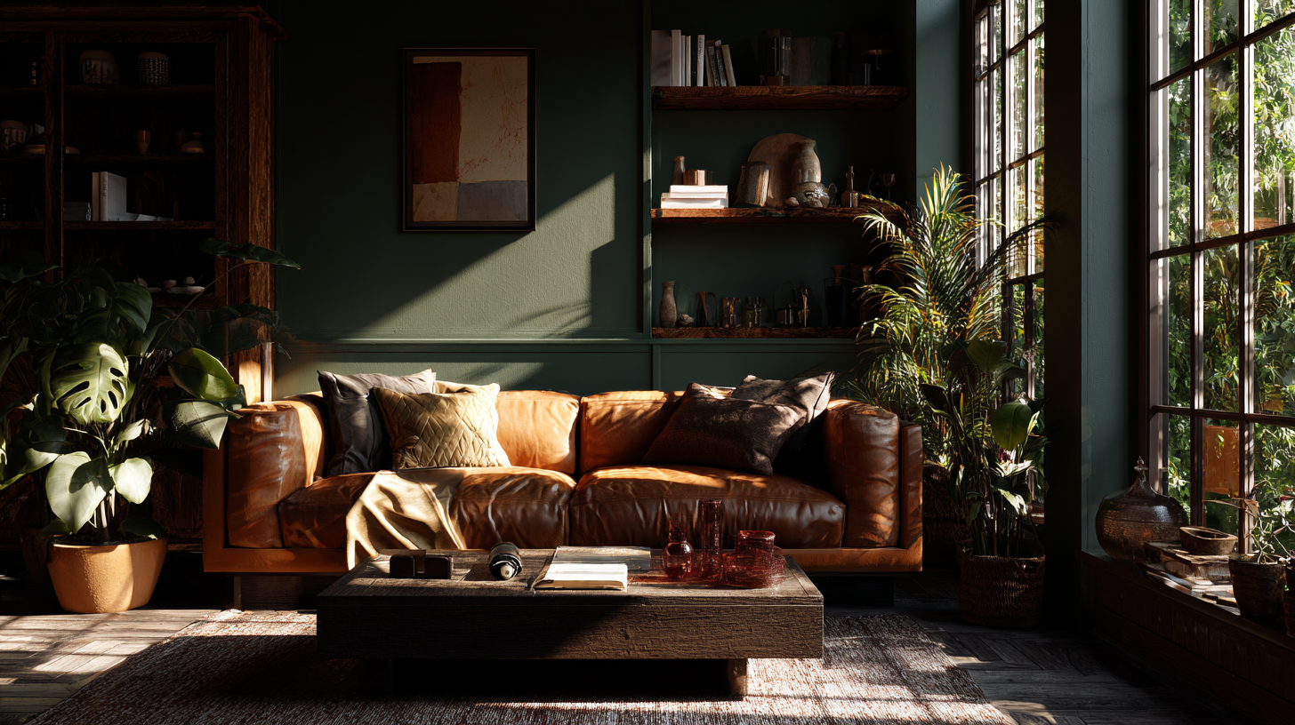 A Japanese inspired cozy living room with a brown leather sofa, wooden coffee table, and large windows.