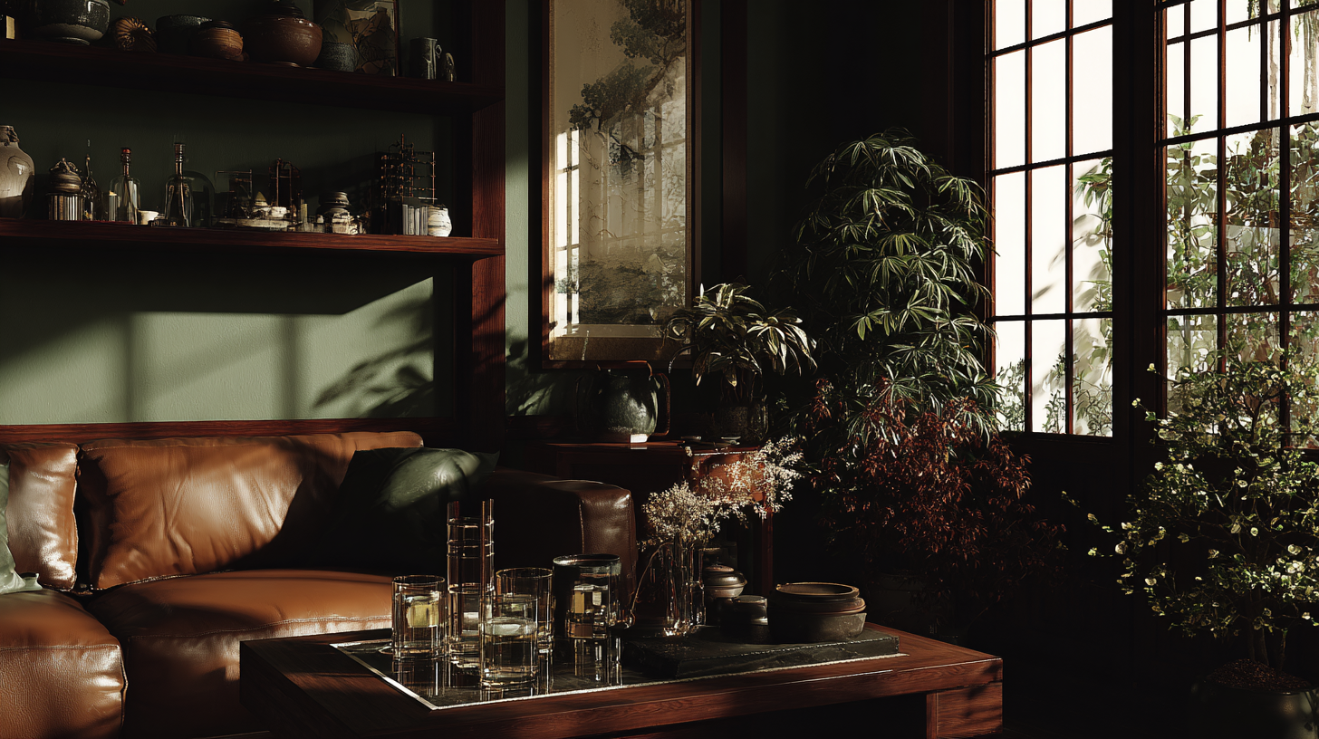 Cozy living room with a brown leather sofa, wooden coffee table, and large windows.