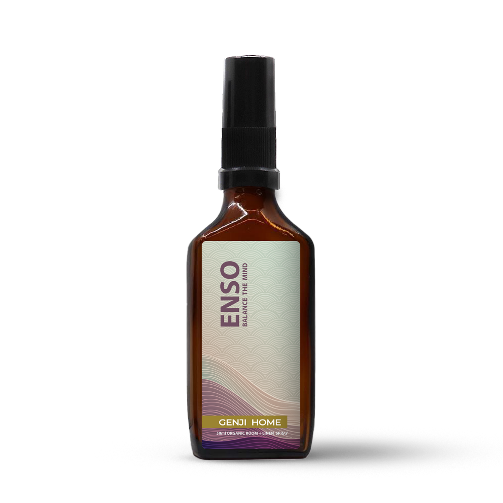 Enso room and linen spray by Genji Home in an amber bottle on a transparent background.