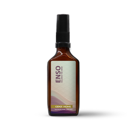 Enso room and linen spray by Genji Home in an amber bottle on a transparent background.