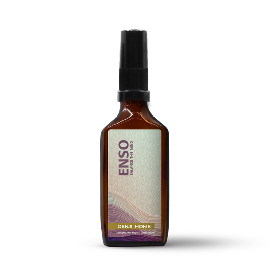 Enso room and linen spray by Genji Home in an amber bottle on a transparent background.