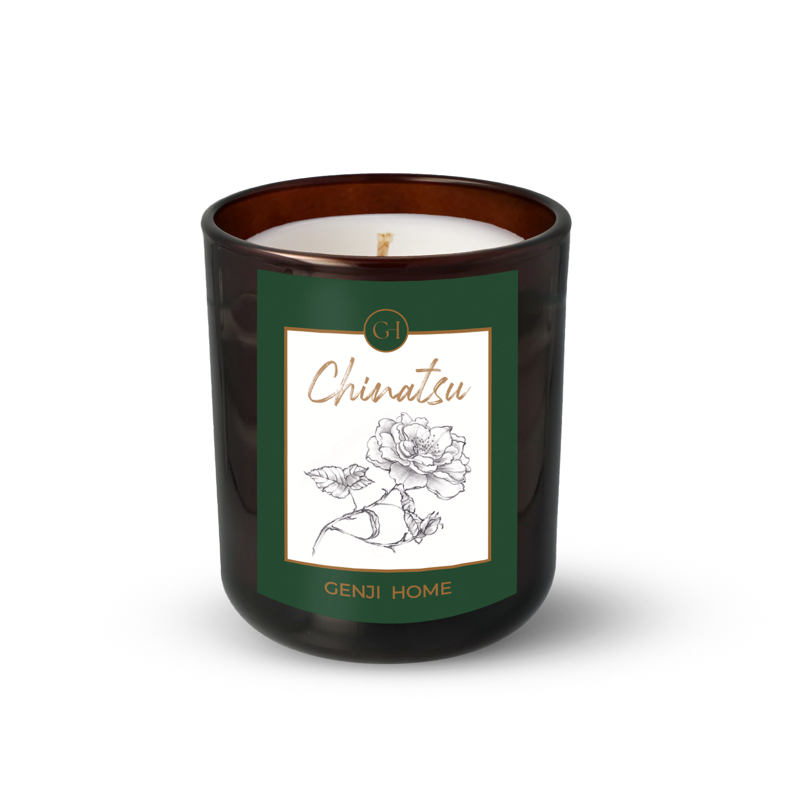 Chinatsu Olive Wax Candle by Genji Home  in a amber glass container with a green label featuring 'Genji Home' branding.