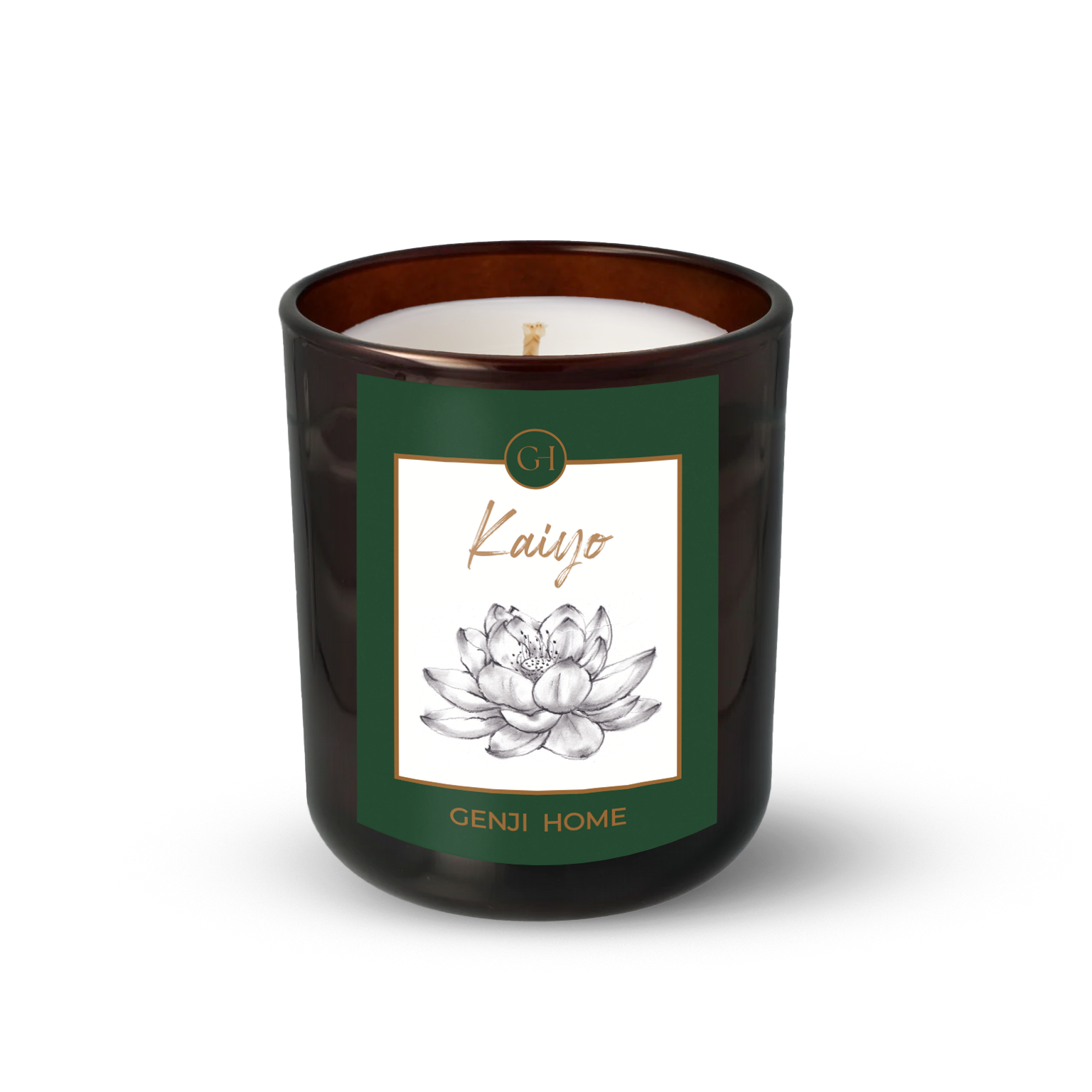 Kaiyo Olive Wax Candle by Genji Home  in a amber glass container with a green label featuring 'Genji Home' branding.