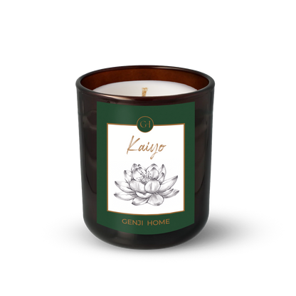 Kaiyo Olive Wax Candle by Genji Home  in a amber glass container with a green label featuring 'Genji Home' branding.