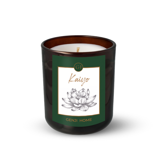 Kaiyo Olive Wax Candle by Genji Home  in a amber glass container with a green label featuring 'Genji Home' branding.