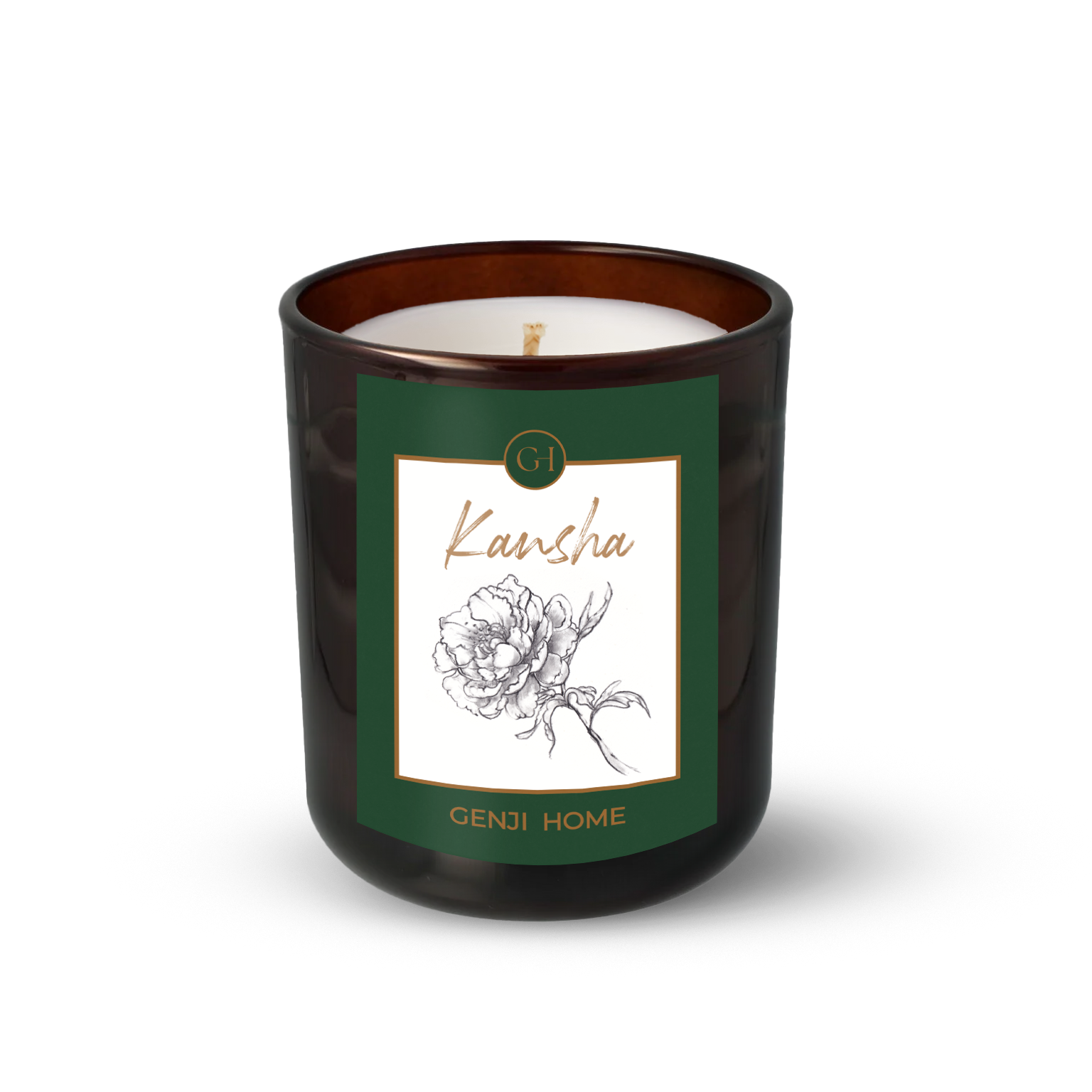 Kansha Olive Wax Candle by Genji Home  in a amber glass container with a green label featuring 'Genji Home' branding.