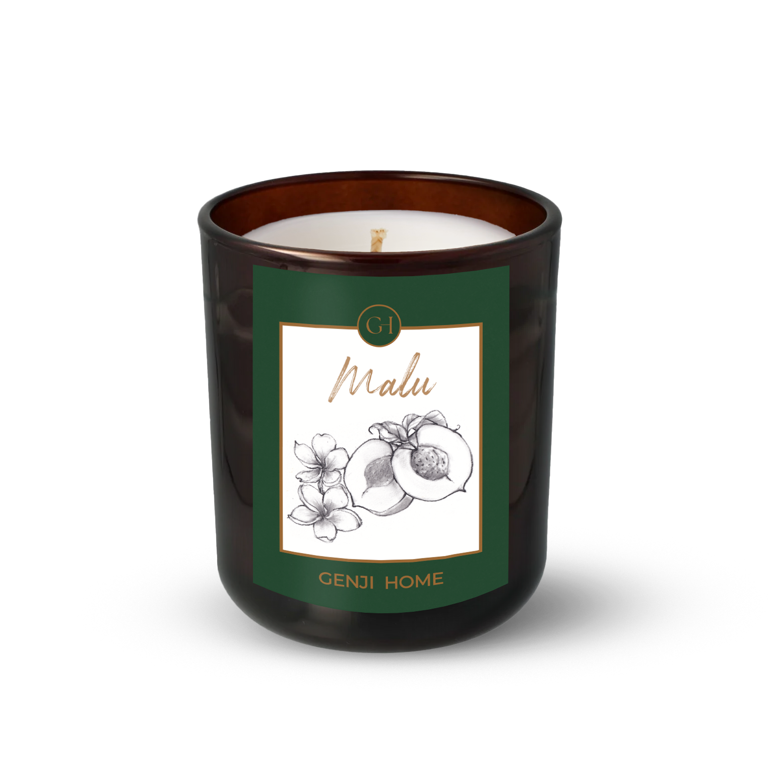 Malu Olive Wax Candle by Genji Home  in a amber glass container with a green label featuring 'Genji Home' branding.