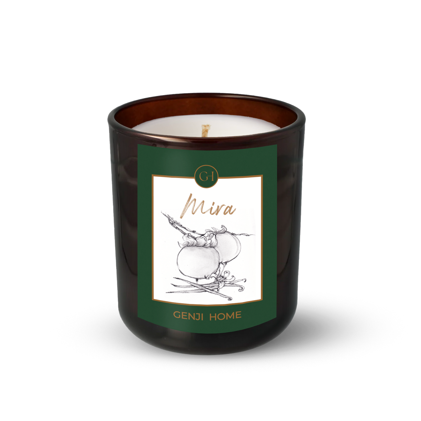 Mira Olive Wax Candle by Genji Home  in a amber glass container with a green label featuring 'Genji Home' branding.