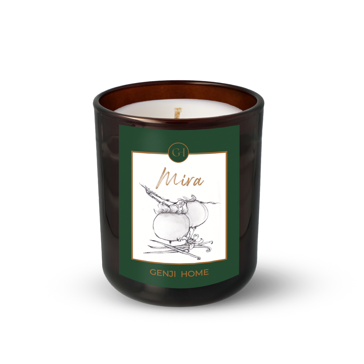 Mira Olive Wax Candle by Genji Home  in a amber glass container with a green label featuring 'Genji Home' branding.