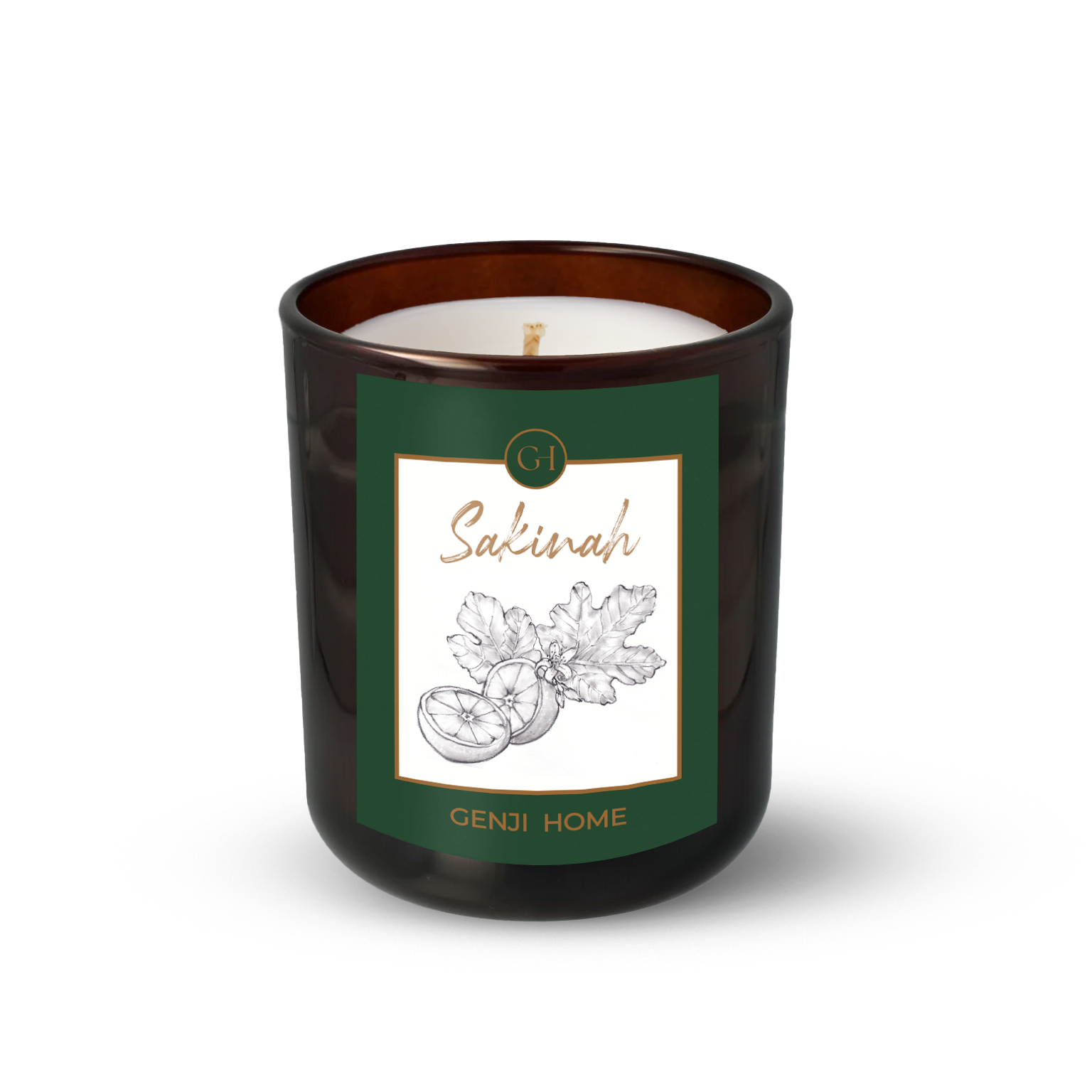 Sakinah Olive Wax Candle by Genji Home  in a amber glass container with a green label featuring 'Genji Home' branding.