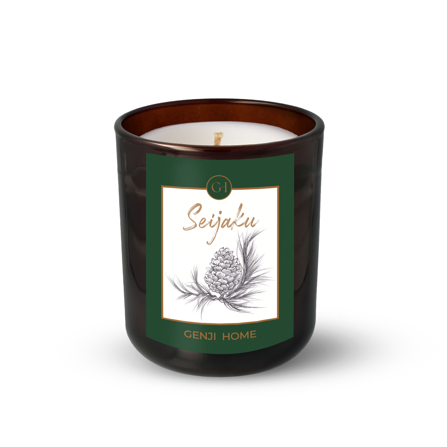 Seijaku Olive Wax Candle by Genji Home  in a amber glass container with a green label featuring 'Genji Home' branding.