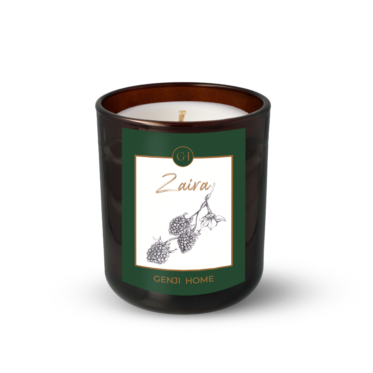 Zaira Olive Wax Candle by Genji Home  in a amber glass container with a green label featuring 'Genji Home' branding.