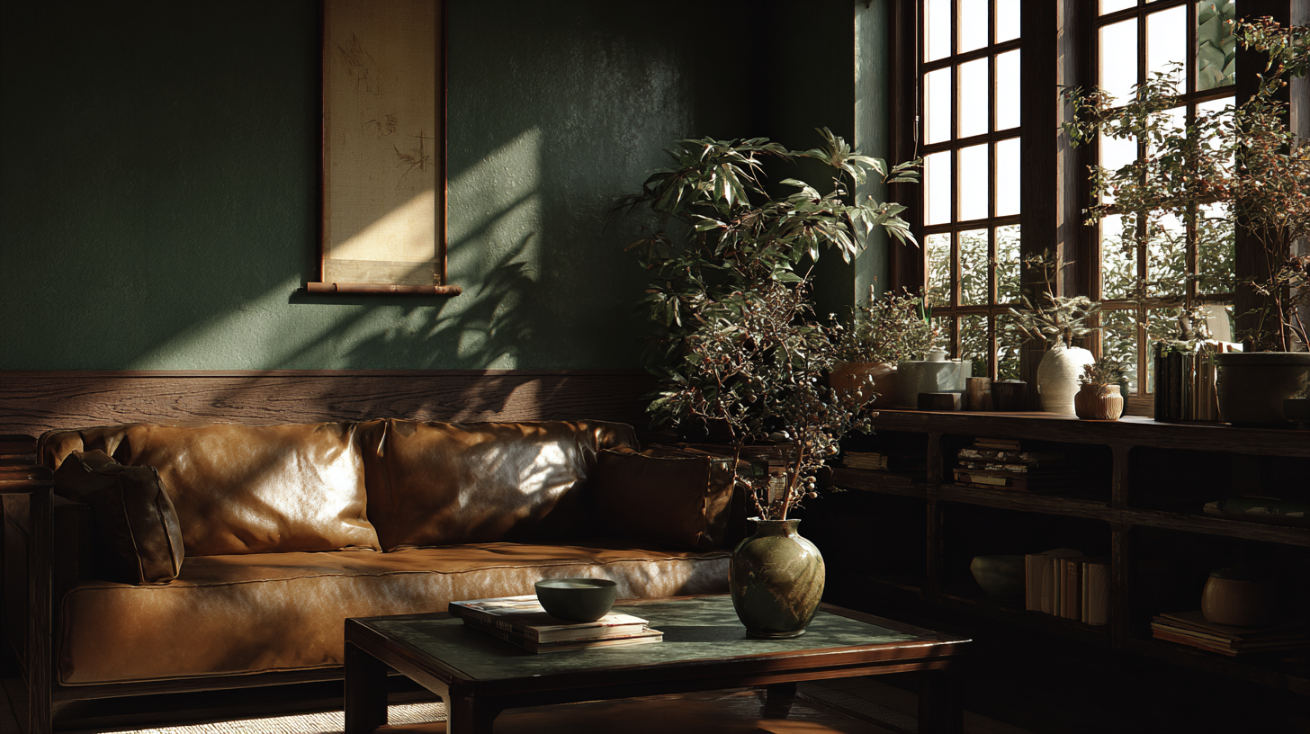 Japanese inspired living room with leather sofa, wooden coffee table, and large windows.