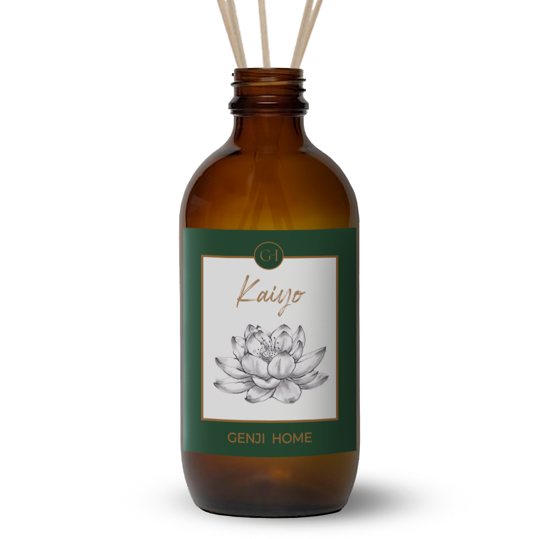 Brown diffuser bottle with green label featuring a lotus flower design on a transparent background.