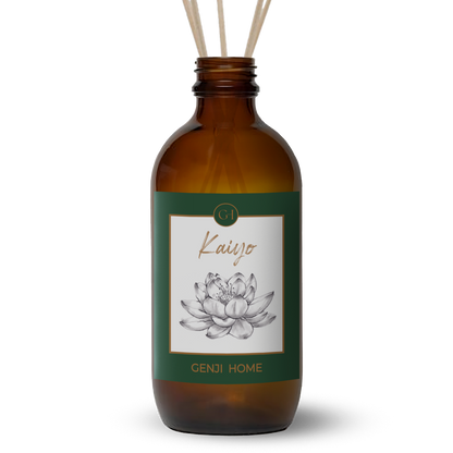 Brown diffuser bottle with green label featuring a lotus flower design on a transparent background.