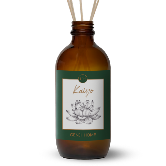 Brown diffuser bottle with green label featuring a lotus flower design on a transparent background.
