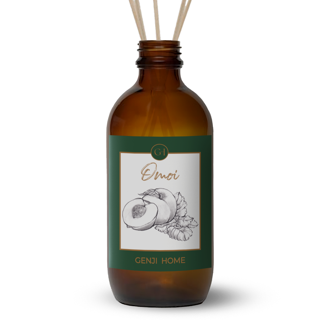 Brown diffuser bottle with green label featuring an apricot drawing and 'Genji Home' branding on a transparent  background.