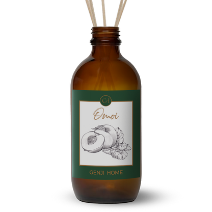 Brown diffuser bottle with green label featuring an apricot drawing and 'Genji Home' branding on a transparent  background.