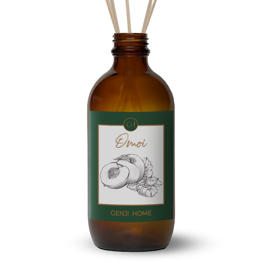 Brown diffuser bottle with green label featuring an apricot drawing and 'Genji Home' branding on a transparent  background.