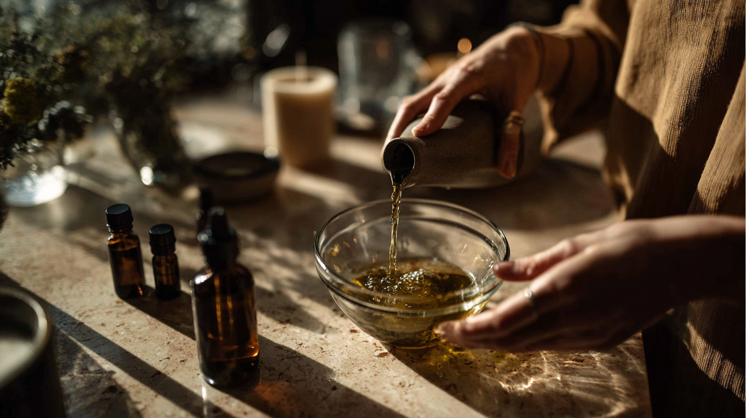 Person pouring liquid from a bottle into a glass bowl on a stone surface with bottles and candles in the background.