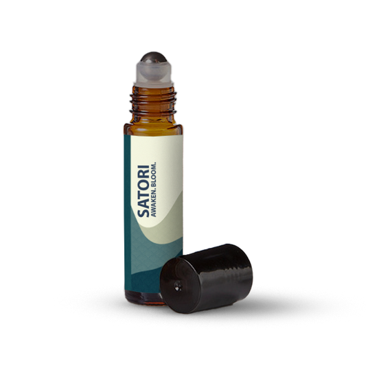 Satori essential oil roller bottle on a transparent background.