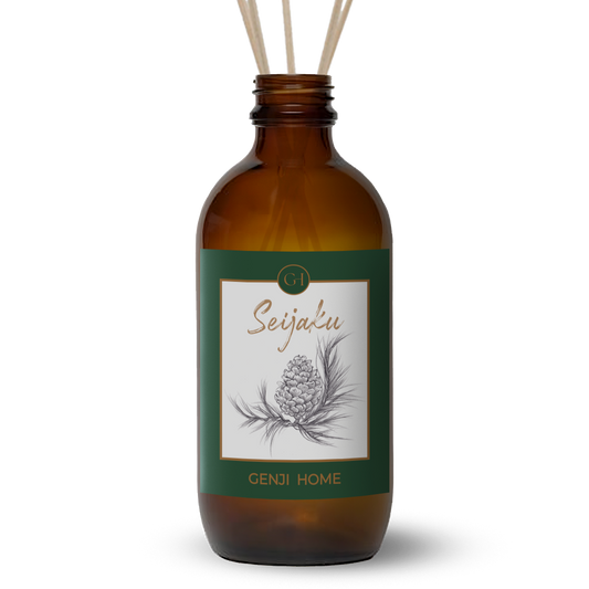 Brown diffuser bottle with green label featuring a pine cone illustration and 'Genji Home' branding on a transparent background.