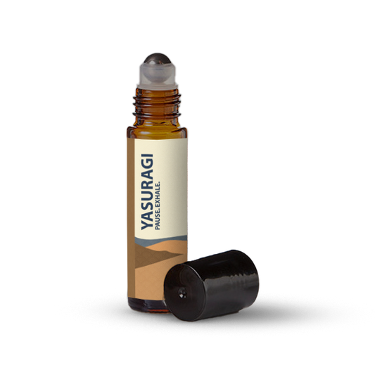 Yasuragi essential oil roller bottle on a transparent background.