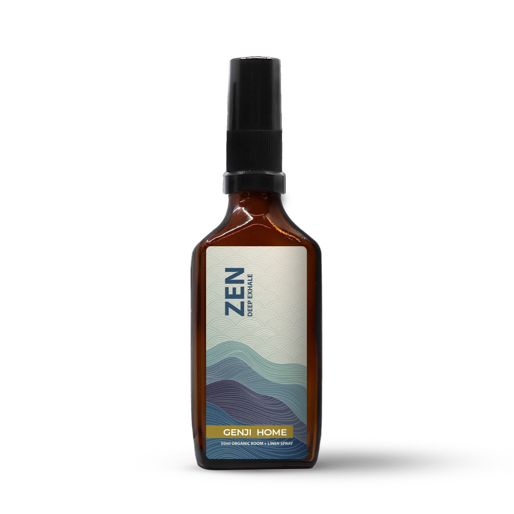 Zen room and linen spray by Genji Home in an amber bottle on a transparent background.