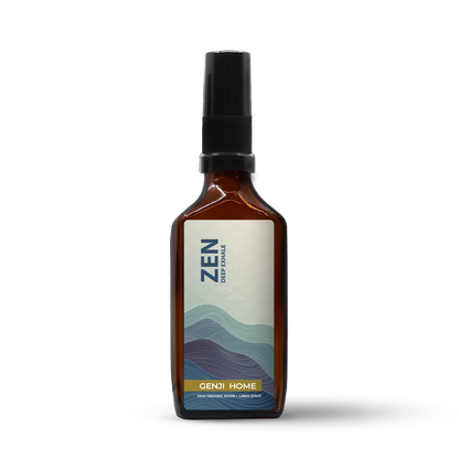 Zen room and linen spray by Genji Home in an amber bottle on a transparent background.