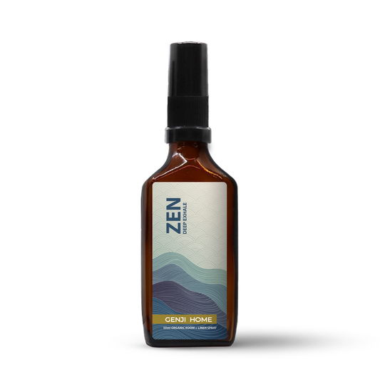 Zen room and linen spray by Genji Home in an amber bottle on a transparent background.